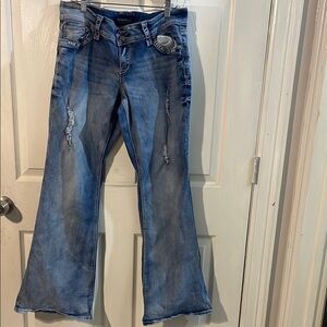 Trendy Distressed Blue Flare Jeans